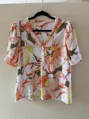 Chico's White Floral Henley Top with Orange and Green Print